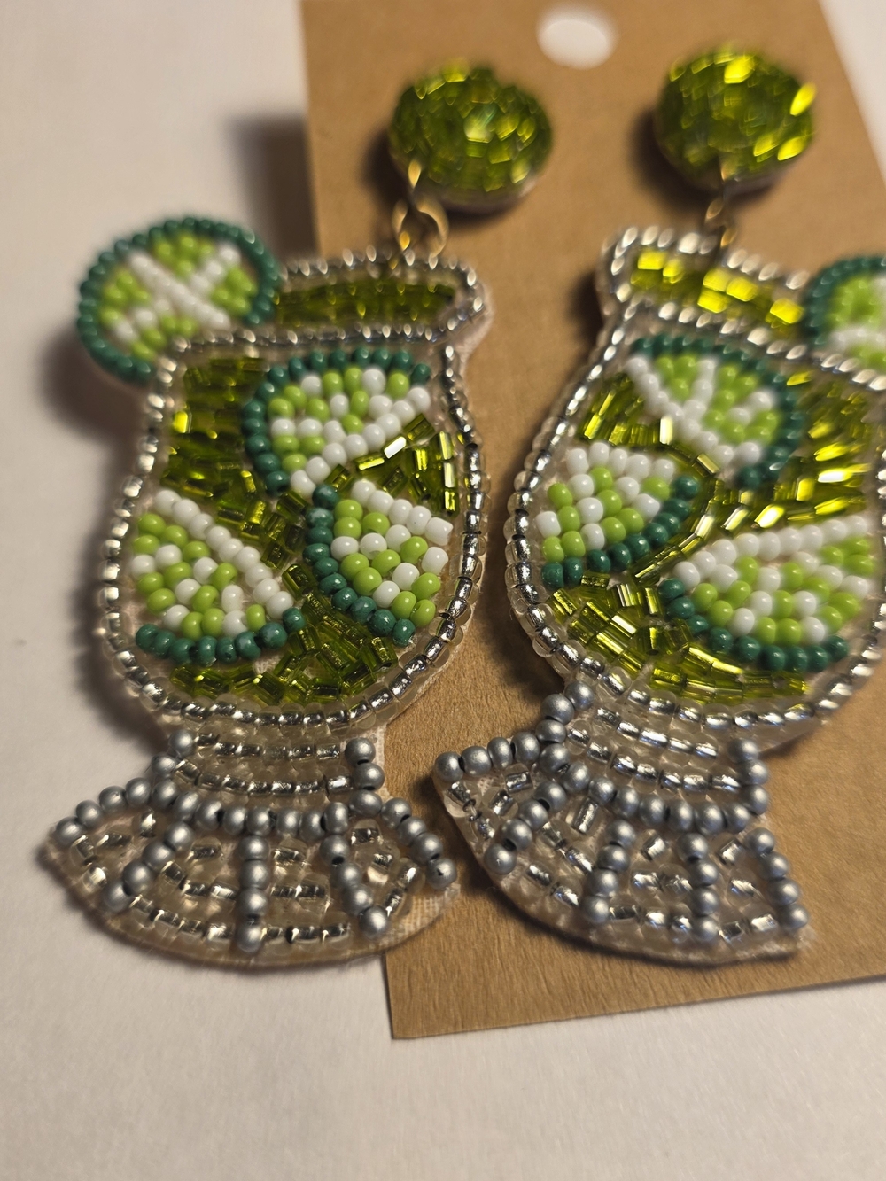 Beaded Lime Green Cocktail Glass Drop Earrings - Beaded Margarita Earrings.